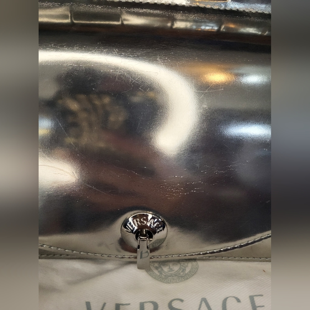 Versace Silver Mirrored Leather Flap Chain Shoulder Bag - Picture 12 of 16